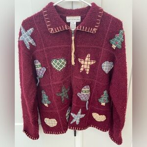 Vintage zip cardigan sweater burgundy winter Christmas not ugly cottagecore